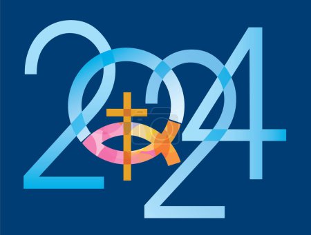 Ilustración de El símbolo del pez Jesús, año nuevo. 2024 año nuevo con símbolo de pescado con cruz sobre fondo azul. Vector disponible. - Imagen libre de derechos