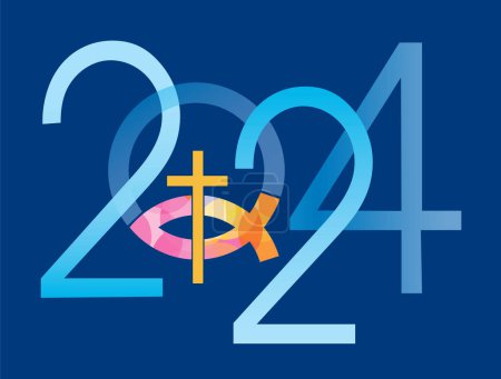 Ilustración de Jesús pez símbolo, año nuevo, composición tipográfica. 2024 año nuevo con símbolo de pescado con cruz sobre fondo azul. Vector disponible. - Imagen libre de derechos