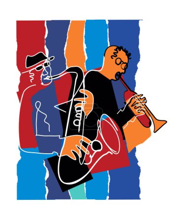 Thème jazz, trompettiste et saxophoniste,. Illustration colorée expressive de deux musiciens de jazz. Isolé sur fond de papier déchiré. Vecteur disponible