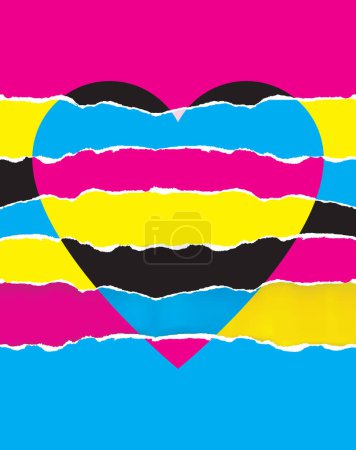 Torn paper heart with cmyk print colors.  Illustration of rtipped paper stripes in the shape of heart. Banner template. Vector available.
