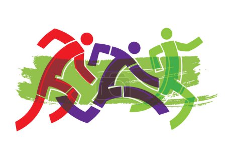 Illustration for Running race, marathon, jogging. Stylized illustration of three running racers on green expressive brush stroke. Isolated on white background. Vector available. - Royalty Free Image