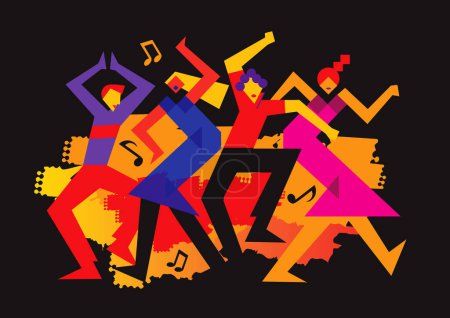 Two dancing couples, wild crazy dance party,cartoon.Expressive stylized Illustration of disco dancers. Isolated on black background. Vector available.