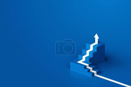 Weißer Pfeil nach oben mit blauer Treppe auf blauem Fußbodenhintergrund, 3D-Pfeil nach oben über eine Treppe, 3D-Treppe mit Pfeil nach oben, 3D-Rendering
