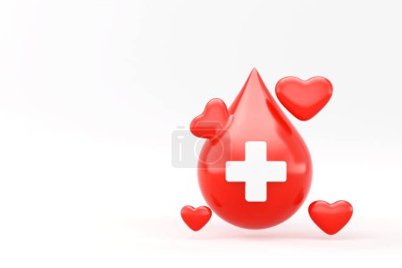 Téléchargez les photos : Goutte de sang rouge 3d avec signe de croix blanche avec fond d'espace de copie, bannière, carte, concept d'affiche de la journée mondiale du don de sang. Rendu 3D - en image libre de droit