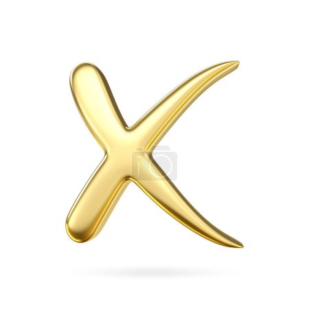 3D-Goldmetallkreuzsymbol. Markieren Sie Symbole X-Zeichen. Häkchen x Zeichen goldene Farbe. Negativ- oder Niedergangszeichen, 3D-Rendering