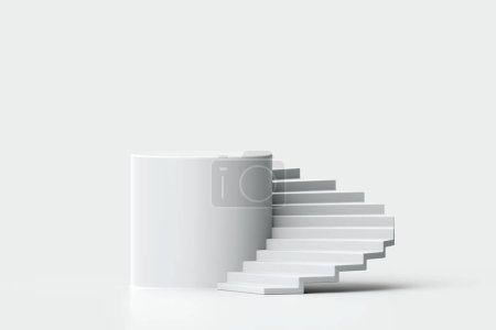 Téléchargez les photos : Escalier en colimaçon blanc avec piédestal, podium gagnant sur fond blanc, rendu 3d - en image libre de droit
