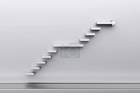 Photo for 3d silver staircase with arrow as top tread,  Ascending stairs of rising staircase going upward in empty room, progress way and forward achievement creative concept, 3d rendering - Royalty Free Image