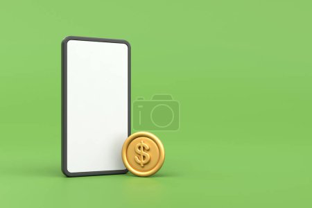 Téléchargez les photos : Téléphone écran blanc avec des pièces d'or sur fond vert, Concept de magasinage mobile en ligne, rendu 3D - en image libre de droit