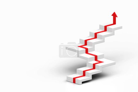 Téléchargez les photos : Flèche rouge suivant les escaliers de croissance sur fond blanc, flèche 3D montant au-dessus d'un escalier, escalier 3d avec flèche montant, rendu 3d - en image libre de droit