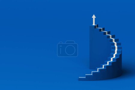 Weißer Pfeil nach der Wendeltreppe des Wachstums auf blauem Hintergrund, 3D-Pfeil nach oben über Wendeltreppe, 3D-Treppe mit Pfeil nach oben, 3D-Rendering