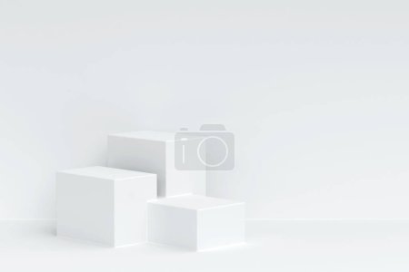 Téléchargez les photos : Trois podium de piédestal carré blanc et fond de mur blanc. Scène murale minimale blanche pour la présentation des produits, rendu 3D - en image libre de droit