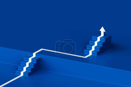 Téléchargez les photos : Flèche blanche suivant les escaliers de croissance sur fond bleu, flèche 3D montant au-dessus d'un escalier, 3d deux escaliers avec flèche montant, rendu 3d - en image libre de droit