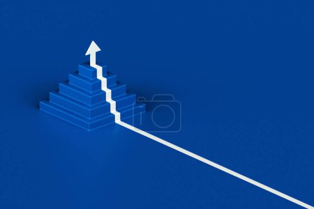 Flèche blanche suivant les escaliers de croissance sur fond bleu, flèche 3D montant au-dessus d'un escalier, forme pyramidale d'escalier 3D avec flèche montant, rendu 3d
