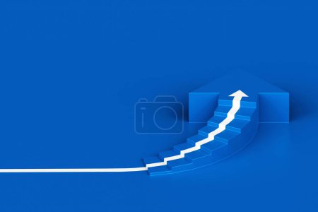 Téléchargez les photos : Flèche blanche suivant l'escalier en colimaçon de croissance sur fond bleu, flèche 3D montant par-dessus l'escalier en colimaçon, escalier 3d avec flèche montant, rendu 3d - en image libre de droit