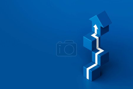 Téléchargez les photos : Flèche blanche vers le haut avec forme de cube d'escalier bleu, flèche 3D montant au-dessus d'un escalier, escalier 3d avec flèche montant vers le haut, rendu 3d - en image libre de droit