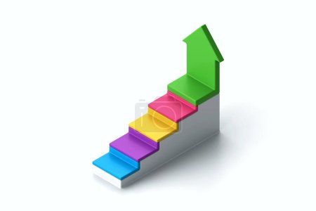 3d colorful business infographic element. Ladder of progress, career growth, financial success, consisting of 5 steps, with an arrow tending upward. 3d rendering