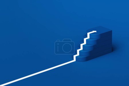 Téléchargez les photos : Flèche blanche suivant l'escalier de croissance sur fond bleu, flèche blanche montant au-dessus de l'escalier, escalier 3d avec flèche montant, rendu 3d - en image libre de droit