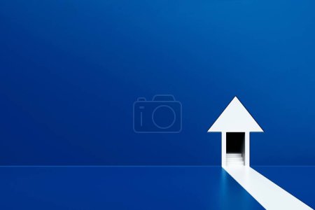 Téléchargez les photos : Flèche blanche vers le haut avec escalier d'entrée sur fond bleu, rendu 3D - en image libre de droit