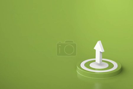Téléchargez les photos : Flèche blanche pointant vers le haut avec signe cible sur fond vert, voie d'affaires, rendu 3d - en image libre de droit