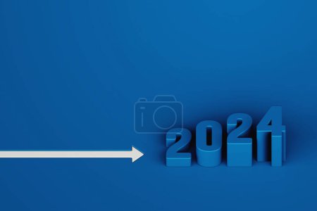 Téléchargez les photos : Flèche blanche sur fond bleu plancher avec texte 3d 2024, concept business way, rendu 3d - en image libre de droit