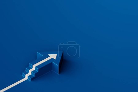 Téléchargez les photos : Flèche blanche avec escalier sur fond bleu, concept business way, style minimal, rendu 3d - en image libre de droit