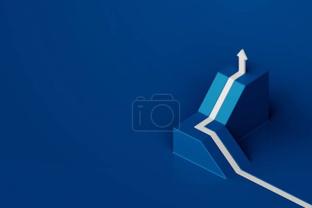 Téléchargez les photos : Flèche blanche coulant sur le chemin de rampe avec fond bleu, concept de chemin d'affaires, style minimal, rendu 3d - en image libre de droit
