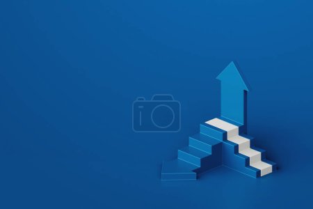 Téléchargez les photos : Flèche bleue blanche avec escalier sur fond bleu, concept business way, style minimal, rendu 3d - en image libre de droit