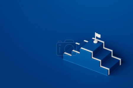Téléchargez les photos : Escalier pas à pas bleu avec drapeau cible blanc sur fond bleu, concept de business way, style minimal, rendu 3d - en image libre de droit
