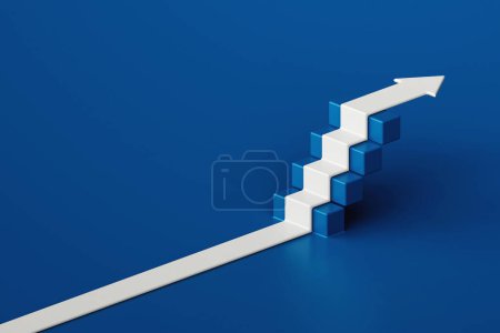 Téléchargez les photos : Flèche blanche coulant sur escalier escabeau avec fond bleu, concept business way, style minimal, rendu 3d - en image libre de droit