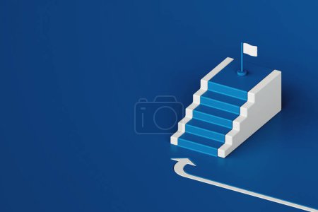 Téléchargez les photos : Escalier pas à pas bleu avec flèche incurvée blanche sur fond bleu, concept de voie d'affaires, style minimal, rendu 3D - en image libre de droit