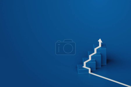 Téléchargez les photos : Flèche blanche avec escalier pas à pas sur fond bleu, concept business way, style minimal, rendu 3d - en image libre de droit