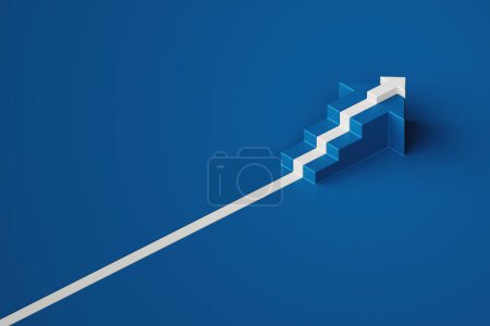 Téléchargez les photos : Flèche blanche coule le long des marches en forme de flèche de l'escalier sur fond bleu, concept de voie d'affaires, style minimal, rendu 3D - en image libre de droit
