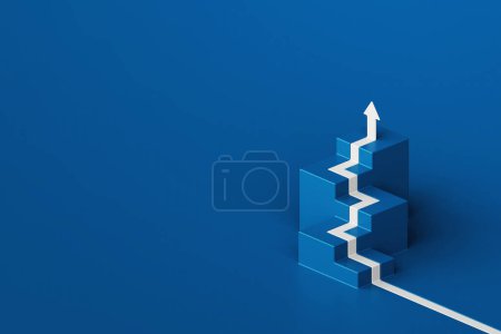 Téléchargez les photos : Flèche blanche coule sur la forme de l'escalier cube sur fond bleu, concept de voie d'affaires, style minimal, rendu 3D - en image libre de droit