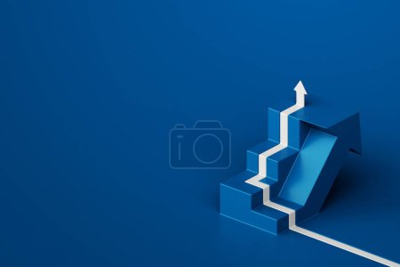 rendu 3D minimaliste d'une flèche vers le haut et des escaliers sur fond bleu, représentant le succès et la réalisation