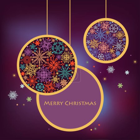 Christmas background, colorful Christmas balls, snowflakes in round ornaments