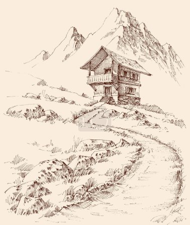 Casa exterior de madera y piedra. Cabaña retiro en las montañas en el desierto dibujo