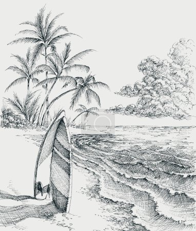Ilustración de Tabla de surf en la playa, mar y palmeras en el fondo - Imagen libre de derechos