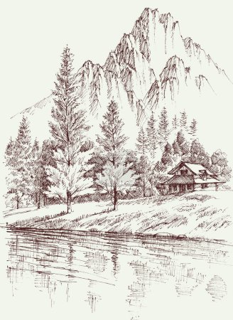 Illustration for Cabin retreat  in the mountains, pine forest in winter season hand drawing - Royalty Free Image