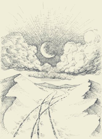 Illustration for Clouds and moon over desert sand dunes. Desert at night landscape drawing in vintage style - Royalty Free Image
