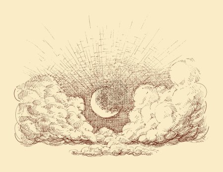 Téléchargez les illustrations : Clouds and crescent moon in the night sky hand drawing - en licence libre de droit