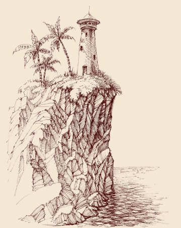 Illustration for Lighthouse on rocky sea shore hand drawing - Royalty Free Image