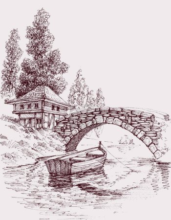 Stone bridge over river to a house cabin vector illustration