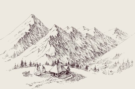 Isolated alpine farm hand drawing. Mountains ranges in the background
