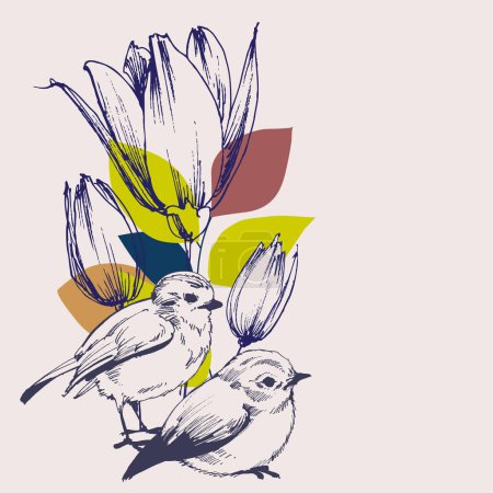 Téléchargez les photos : Oiseaux et fleurs de tulipes carte de voeux printanière - en image libre de droit