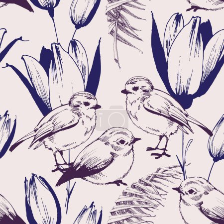Téléchargez les photos : Oiseaux et fleurs de tulipes mignon printemps motif sans couture - en image libre de droit