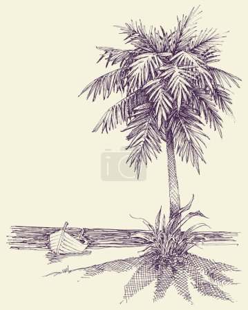 Téléchargez les photos : Bateau en bois au bord de la mer, palmier sur la plage dessin - en image libre de droit