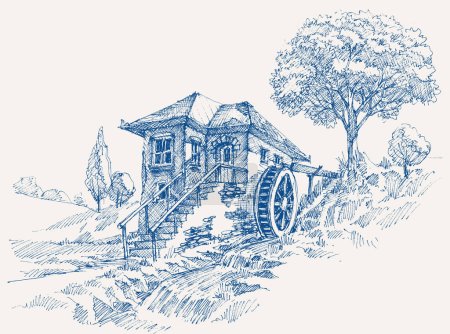 Téléchargez les photos : Vieux moulin à eau paysage près de la rivière débit dessin à la main - en image libre de droit