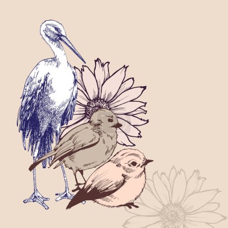 Téléchargez les photos : Oiseaux de printemps, moineaux et cigogne design floral - en image libre de droit