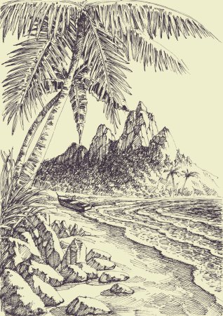 Téléchargez les illustrations : Plage et mer dessin à la main, palmiers et montagnes paysage - en licence libre de droit