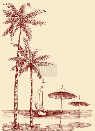 Téléchargez les photos : Dessin de plage, parasols dans le sable, palmiers et un bateau à voile - en image libre de droit
